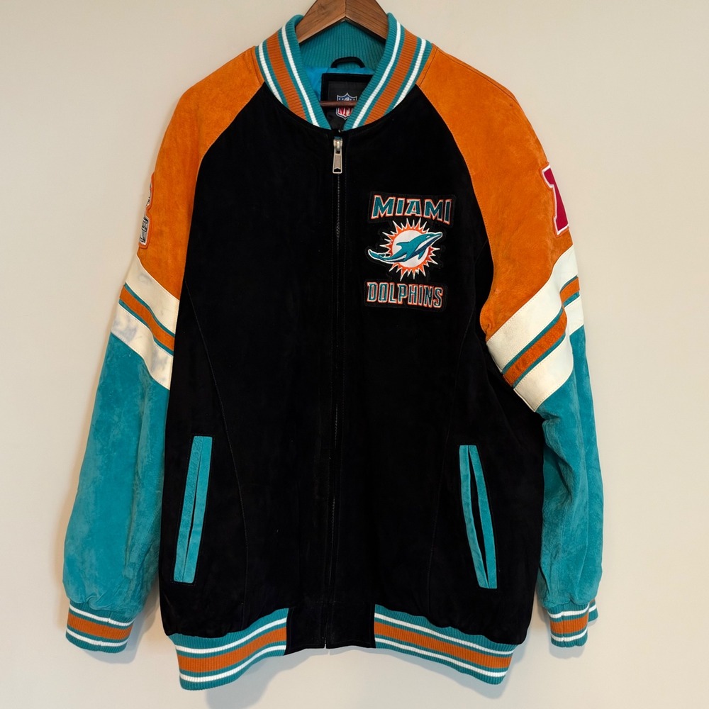 Vintage NFL Miami Dolphins Suede Leather Varsity Jacket Zip Up Men's Bomber XL